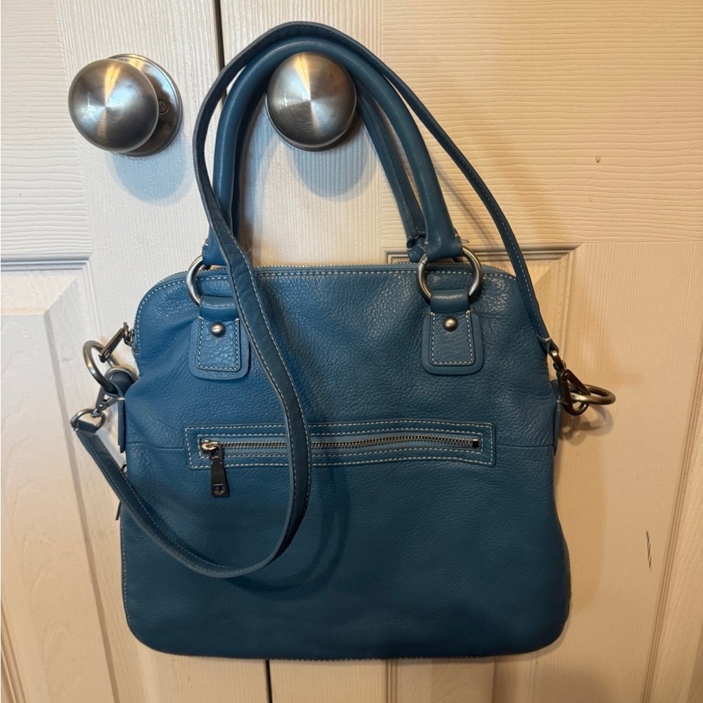 TALBOTS BLUE HANDBAG 2-WAY FOLDOVER GENUINE PEBBLE LEATHER 14"